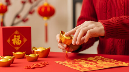 Person opening a golden ingot during Chinese New Year celebrations with red decorations and traditional symbols on the table