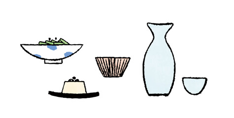 手描き風・酒とおつまみのシンプルモノクロイラスト