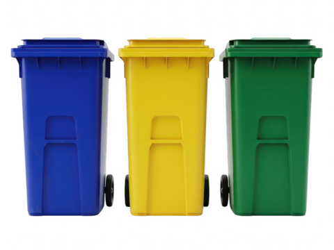 Three colorful plastic wheeled garbage bins for recycling and waste management, isolated on transparent background