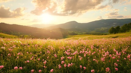 Fototapeta premium Peaceful nature scene filled with pink flowers high resolution picture