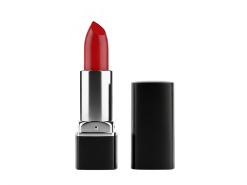 Open tube of bright red lipstick with black and silver casing standing next to its cap, isolated on transparent background