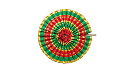 Obraz premium Decorative Round Folded Fan with Red, Green, and Gold Pleats, Traditional Design isolated PNG with Transparent Background