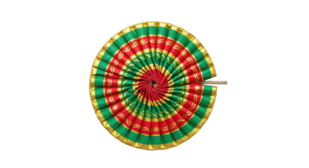 Decorative Round Folded Fan with Red, Green, and Gold Pleats, Traditional Design isolated PNG with Transparent Background