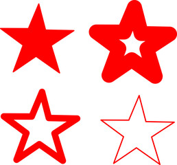 Collection of red star icons in solid and outlined styles. Simple vector symbols ideal for ratings, badges, decoration, UI design, celebrations, and graphic projects.
