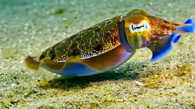 A vibrant cuttlefish glides over sand, showcasing elaborate patterns