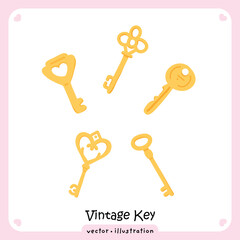 Set of Cute Hand-Drawn Vintage Keys. Golden Antique Skeleton Keys Collection with Heart and Clover Head. Vector Illustration