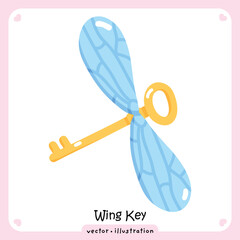Cartoon Flying Wing Key Vector Illustration. Magical Golden Key with Blue Feathery Wings. Enchanted Fantasy Clipart.