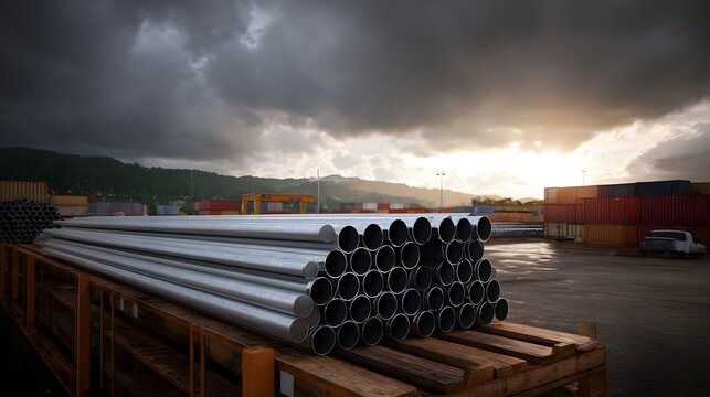 A pile of industrial metal pipes rests on wooden pallets in a shipping yard under a dramatic stormy sky with sunset light