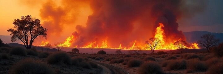 Desolate Inferno Wildfire Engulfs Dry Brush and Trees in a Dramatic Landscape, Smoke Billowing Ominously into the Sky, Highlighting Natures Destructive Power