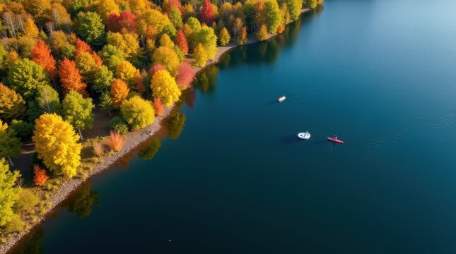 Aerial view of autumn forest and blue lake with kayaks