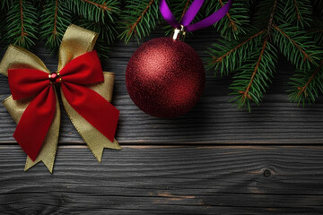 Fototapeta premium A deep burgundy red glitter Christmas ornament ball with purple satin ribbon hanger