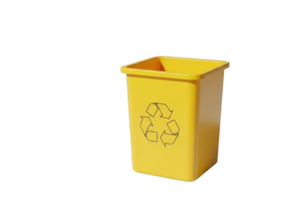 Yellow plastic recycling bin with universal recycling symbol printed on side, isolated on transparent background