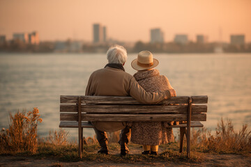 Elderly couple sits on a bench, embracing, watching the sunset over the water and a city skyline.
Symbolism: Represents Enduring Love, Longevity in Relationships, Peaceful Reflection, and the Beauty 