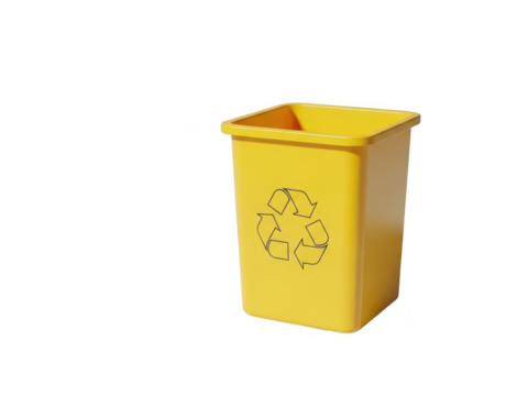 Yellow plastic recycling bin with universal recycling symbol printed on side, isolated on transparent background