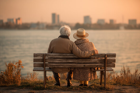 Elderly couple sits on a bench, embracing, watching the sunset over the water and a city skyline.
Symbolism: Represents Enduring Love, Longevity in Relationships, Peaceful Reflection, and the Beauty 