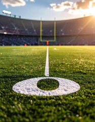 Close-up focus on a football field with the goalposts in the distant background. The sun sets, casting a warm glow