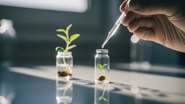 Scientist adding liquid to plant sample in laboratory vial