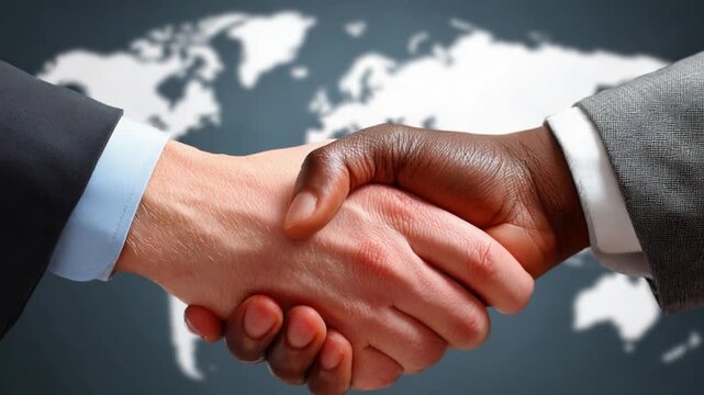 Handshake Diplomacy: A close-up of a powerful handshake against a backdrop of the world, symbolizing international cooperation and understanding, conveys a sense of unity and shared goals.
