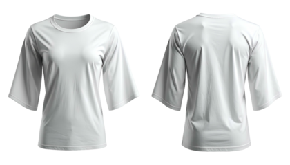 Front and back view of a blank, white, short-sleeved women's top with rounded neckline