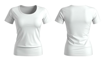 Front and back views of a fitted, white, short-sleeved t-shirt on a transparent background