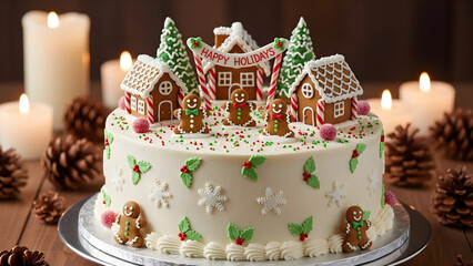 Gourmet Christmas cake with intricate gingerbread decorations and a 'Happy Holidays' sign, ideal for seasonal bakery promotions or festive family gatherings.