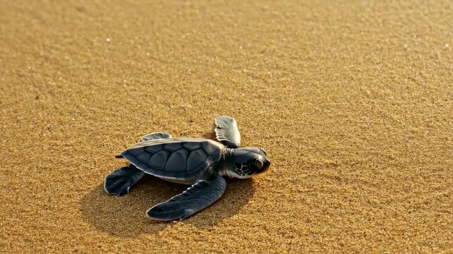 A tiny sea turtle crawls across a sandy beach, seeking the ocean