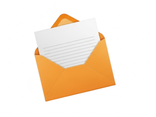 Orange open envelope with a blank lined white paper note coming out, isolated on transparent background