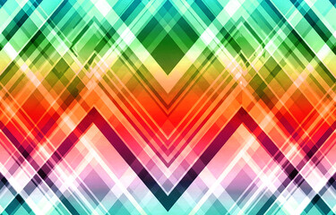 An abstract geometric pattern with layered transparent lines forming colorful chevron shapes. A bright combination of red, cyan, purple, and aqua.