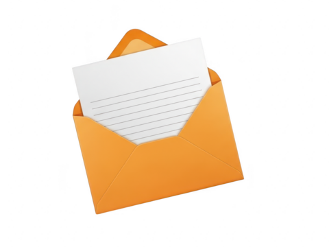 Orange open envelope with a blank lined white paper note coming out, isolated on transparent background