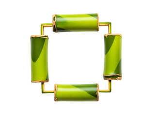 Arrangement of four bamboo segments connected by thin yellow rods, forming an abstract square shape with a hollow center, isolated on a neutral background.