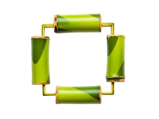 Arrangement of four bamboo segments connected by thin yellow rods, forming an abstract square shape with a hollow center, isolated on a neutral background.