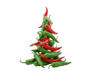A festive christmas tree shape creatively constructed from a pile of vibrant red and green chili pepper vegetables isolated on transparent background