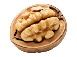 Close-up of a single, fresh walnut half, revealing its intricate inner texture and light brown kernel, isolated on a plain background for commercial use. (180 characters)