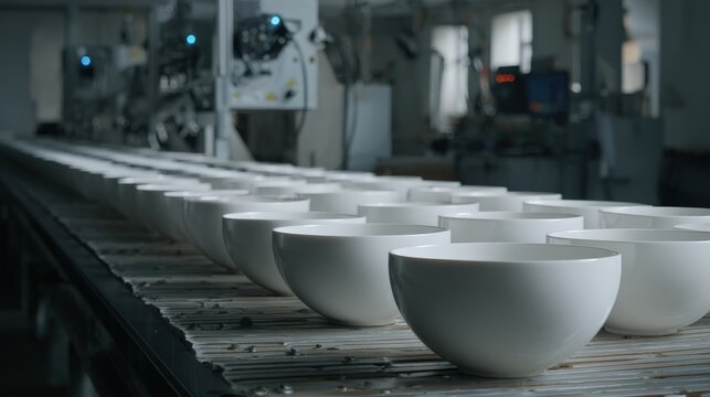 Rows of white ceramic bowls move along a factory conveyor belt.