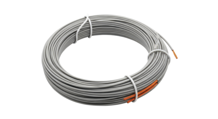Grey Electrical Wire Coil Product Shot with Visible Copper Conductor isolated PNG with Transparent Background