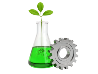 Isolated green sprout growing in a laboratory flask filled with green liquid next to a metal gear, symbolizing innovation in biotech and industry.