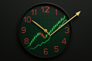 Time is Money: A clock face featuring a green financial graph, symbolizing the dynamic interplay between time and wealth, innovation, and strategic foresight.