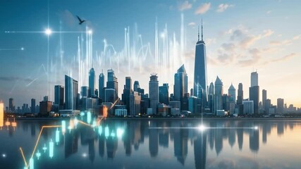 Business growth with rising graphs lining the modern city skyline, symbolizing future opportunities and economic progress. 4k video - Powered by Adobe