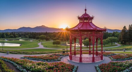 Panoramic view of a park at sunrise, featuring a red gazebo, manicured gardens, and distant mountains