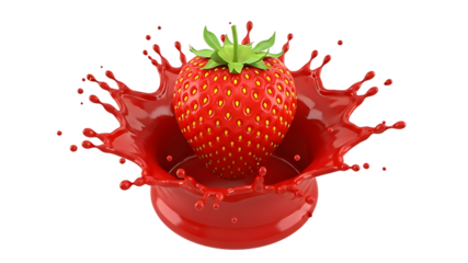 Single ripe strawberry falling into glossy red liquid creating a vibrant splash, dynamic motion and fresh fruit essence, studio shot