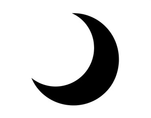 Black crescent moon silhouette against a stark white background. The moon shape is a solid, curving form, symbolizing night
