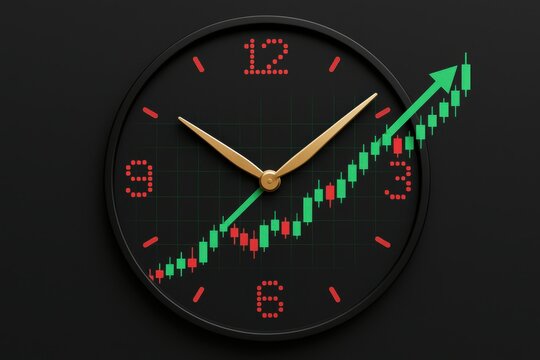 Time and Growth: A clock with a rising stock chart, showing the essence of time, market fluctuations and financial gain.