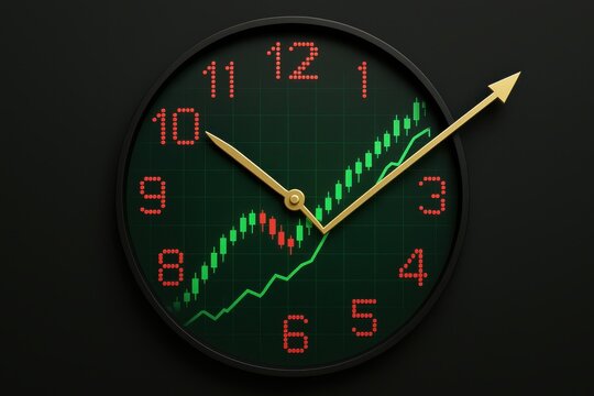 Time is Money: A clock face featuring a green financial graph, symbolizing the dynamic interplay between time and wealth, innovation, and strategic foresight.