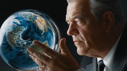 Global Vision: A distinguished older executive contemplates a glowing globe, embodying wisdom and vision for a sustainable future, suggesting stewardship and responsibility.