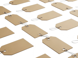 A pattern of blank brown cardboard price tags with string attached, isolated on transparent background