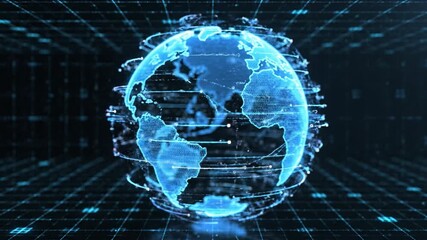 Digital globe technology network connection with futuristic data visualization, blue earth map featuring glowing network lines across global cyberspace, advanced digital communication sphere - Powered by Adobe