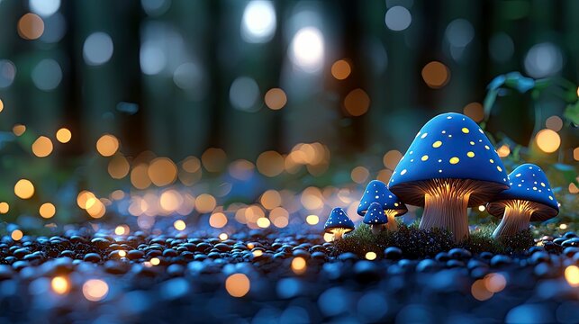 A group of glowing blue mushrooms with yellow spots in a dark forest setting. Bokeh lights add to the magical atmosphere.