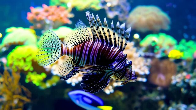 A vibrant lionfish swims in a bright aquarium, coral in the background