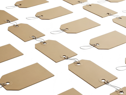 A pattern of blank brown cardboard price tags with string attached, isolated on transparent background