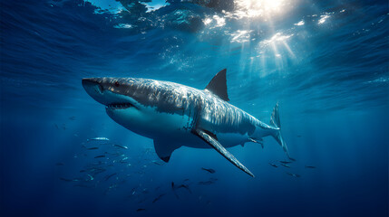 Fototapeta premium Great White Shark Ocean Predator Sunlight Ray Underwater